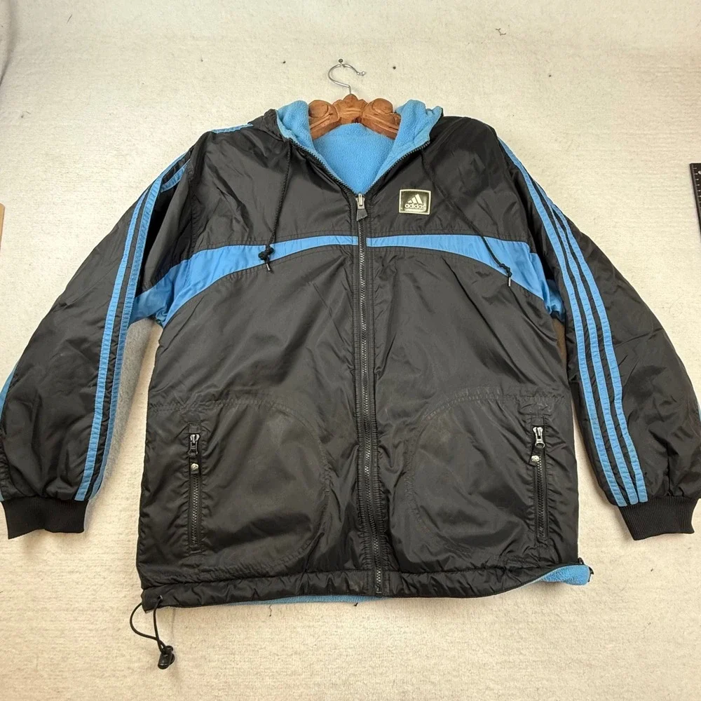 Vtg 90s Adidas Black Blue Fleece reversible Hooded Windbreaker Jacket Mens Large